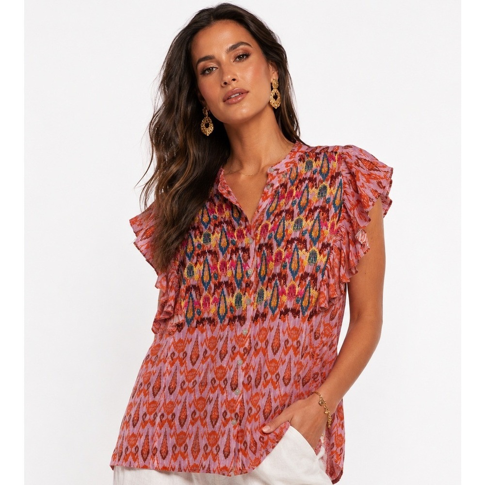 Figue Janae Ikat Embroidered Ruffle Sleeve Blouse Top Womens Large